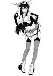 Rule 34 | 10s, 1girl, blush, breasts, greyscale, halcon, kantai collection, large breasts, long hair, looking at viewer, monochrome, nagato (kancolle), simple background, smile, solo, thighhighs, white background
