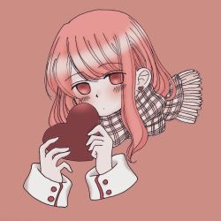 Rule 34 | 1girl, awaya yawako, blush, commentary request, earrings, hands up, heart, heart earrings, highres, holding, holding heart, jewelry, looking at viewer, original, pink background, pink eyes, pink hair, plaid, plaid scarf, scarf, simple background, solo, swept bangs, valentine