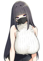 Rule 34 | 1girl, aimi (sky-freedom), arms at sides, bare arms, bare shoulders, black hair, black mask, black shorts, blunt bangs, breasts, commentary, head tilt, highres, hime cut, huge breasts, long hair, looking at viewer, mask, mouth mask, original, purple eyes, shirt, shorts, sidelocks, simple background, sky-freedom, sleeveless, sleeveless shirt, solo, striped clothes, striped shirt, turtleneck, turtleneck shirt, upper body, vertical-striped clothes, vertical-striped shirt, very long hair, white background, white shirt