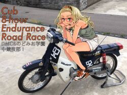 Rule 34 | 1girl, blonde hair, blue eyes, bracelet, camisole, commentary request, dekomegane, glasses, hairband, highres, honda, honda super cub, jewelry, long hair, looking at viewer, mixed media, moped, motor vehicle, motorcycle, on motorcycle, original, photo (medium), red-framed eyewear, sasetsu, shoes, short shorts, shorts, sitting, smile, sneakers, solo, thick eyebrows, white shorts