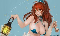 Rule 34 | 1girl, aya (kingdom death), bikini, blue bikini, breasts, copyright name, english text, happy birthday, hat, highres, holding, kingdom death, lantern, large breasts, logo, long hair, open mouth, party, party hat, party horn, ponytail, red hair, ribbon, smile, solo, swimsuit