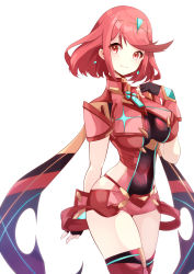 Rule 34 | 1girl, black gloves, breasts, chest jewel, commentary request, cowboy shot, earrings, fingerless gloves, gem, gloves, highres, jewelry, large breasts, looking at viewer, pyra (xenoblade), red eyes, red hair, red shorts, red thighhighs, risumi (taka-fallcherryblossom), short hair, short shorts, shorts, smile, solo, swept bangs, thighhighs, tiara, white background, xenoblade chronicles (series), xenoblade chronicles 2