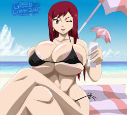 Rule 34 | 1girl, areola slip, bikini, breasts, brown eyes, bursting breasts, cleavage, erza scarlet, fairy tail, highres, huge breasts, long hair, looking at viewer, micro bikini, one eye closed, open mouth, red hair, rtenzo, sitting, skindentation, smile, solo, swimsuit
