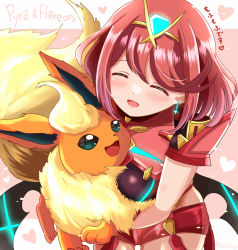 Rule 34 | amahime kaichou, black gloves, bob cut, breasts, chest jewel, creatures (company), crossover, earrings, fingerless gloves, flareon, game freak, gen 1 pokemon, gloves, jewelry, large breasts, nintendo, pokemon, pokemon (creature), pyra (xenoblade), red eyes, red hair, red legwear, red shorts, short hair, short shorts, shorts, swept bangs, thighhighs, tiara, xenoblade chronicles (series), xenoblade chronicles 2