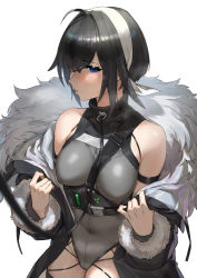 Rule 34 | 1girl, absurdres, adapted costume, ahoge, arknights, arm strap, armpit crease, bare shoulders, between breasts, black coat, black collar, black hair, blue eyes, blurry, blurry foreground, blush, breasts, chinese commentary, coat, collar, commentary request, covered erect nipples, covered navel, cowboy shot, crossed bangs, dawalixi, feather hair, fur-trimmed coat, fur-trimmed sleeves, fur trim, grey leotard, groin, hair between eyes, hair intakes, hair over one eye, hairband, hands up, heavy breathing, highres, la pluma (arknights), leash, leotard, long sleeves, looking at viewer, looking to the side, medium breasts, nipple piercing, nipple rings, nose blush, off shoulder, one eye covered, open clothes, open coat, parted lips, piercing, see-through, short hair, sideways glance, simple background, solo, standing, sweat, viewer holding leash, white background, white hairband