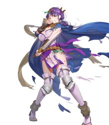Rule 34 | 1girl, cape, damaged, earrings, fire emblem, fire emblem: the binding blade, fire emblem heroes, hanusu, highres, holding, holding sword, holding weapon, jewelry, juno (fire emblem), juno (nimble grace) (fire emblem), nintendo, non-web source, official art, one eye closed, pelvic curtain, ponytail, purple eyes, purple hair, simple background, solo, sword, tassel, tassel earrings, torn cape, torn clothes, weapon, white background