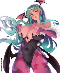 Rule 34 | 1girl, absurdres, animal print, bare shoulders, bat print, bat wings, blush, breasts, bridal gauntlets, cleavage, clothing cutout, collarbone, covered navel, demon girl, elbow gloves, gloves, green eyes, green hair, head wings, heart cutout, highres, large breasts, leotard, lips, long hair, looking at viewer, morrigan aensland, pantyhose, parted lips, patreon username, print pantyhose, simple background, snortzog, solo, vampire (game), white background, wings