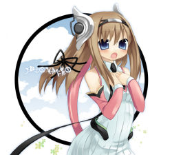 Rule 34 | 00s, 1girl, ar tonelico, ar tonelico i, aurica nestmile, blue eyes, blush, bow, brown hair, detached sleeves, gust, hair bow, hair ornament, hand on another&#039;s chest, hands on own chest, hymmnos, long hair, music, open mouth, sazaki ichiri, singing, solo