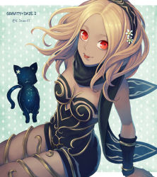 Rule 34 | 1girl, :p, bare shoulders, black scarf, blonde hair, bow, breasts, cat, dark-skinned female, dark skin, flaxvivi, gravity daze, gravity daze 2, hair bow, hair ornament, highres, kitten (gravity daze), leotard, long hair, looking at viewer, parted bangs, red eyes, scarf, sitting, strapless, strapless leotard, thighs, tongue, tongue out, vambraces