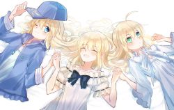 Rule 34 | 3girls, :d, ;), ahoge, artoria pendragon (all), artoria pendragon (fate), baseball cap, black bow, blonde hair, blue eyes, blue headwear, blue jacket, bow, closed eyes, dress, fate/grand order, fate/stay night, fate/unlimited codes, fate (series), green eyes, hair between eyes, hair down, hat, highres, holding hands, hood, hood down, hooded jacket, interlocked fingers, jacket, long hair, long sleeves, lying, multiple girls, mysterious heroine x (fate), nayu tundora, off-shoulder dress, off shoulder, on back, one eye closed, open clothes, open jacket, open mouth, saber (fate), saber lily, smile, straight hair, upper body, white background, white dress