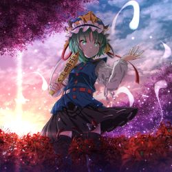 Rule 34 | 1girl, :o, absurdres, arm ribbon, arm up, belt, black skirt, black thighhighs, blue vest, bright pupils, cloud, diffraction spikes, epaulettes, feet out of frame, flower, gradient sky, green eyes, green hair, hat, hat ribbon, highres, hitodama, holding rod, huge filesize, juliet sleeves, kakutasu (akihiron cactus), leaning back, long sleeves, looking to the side, puffy sleeves, ribbon, ribbon-trimmed skirt, ribbon trim, rod of remorse, shiki eiki, shirt, short hair, skirt, sky, solo, spider lily, standing, sunset, thighhighs, touhou, twilight, vest, white shirt, wind, wind lift
