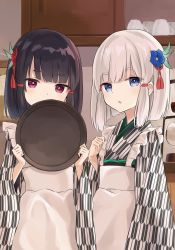 Rule 34 | 2girls, absurdres, apron, azuuru (azure0608), black hair, blue eyes, blunt bangs, chloe (riviere to inori no kuni), coffee maker, covering own mouth, cup, female focus, flower, hair flower, hair ornament, highres, holding, holding tray, indoors, japanese clothes, light blush, looking at viewer, matching hair/eyes, multiple girls, novel illustration, official art, parted lips, red eyes, riviere to inori no kuni, second-party source, short hair, siblings, sirona (riviere to inori no kuni), sisters, standing, textless version, tray, twins, upper body, white apron, white hair, yagasuri