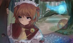 Rule 34 | 1girl, ascot, capelet, facing away, fairy wings, forest, hair bobbles, hair ornament, headdress, high collar, hitodama, khylimei, mushroom, nature, purple eyes, red hair, sketch, smirk, solo, sunny milk, touhou, twintails, wings