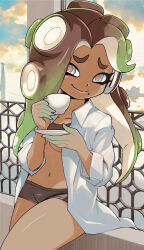 Rule 34 | 1girl, absurdres, aqua skin, blue eyes, blue sky, breasts, brown hair, cephalopod eyes, closed mouth, cloud, collarbone, collared shirt, colored skin, cup, dark-skinned female, dark skin, furrowed brow, gradient hair, gradient skin, groin, hands up, headphones, highres, holding, holding cup, holding saucer, light green hair, long hair, marina (splatoon), medium breasts, mole, mole under mouth, multicolored hair, multicolored skin, muramasa mikado, navel, navel piercing, nintendo, octoling, open clothes, open shirt, piercing, pink pupils, saucer, shirt, sky, smile, solo, splatoon (series), splatoon 2, teacup, tentacle hair, thighs, two-tone hair, two-tone skin, underboob, white shirt