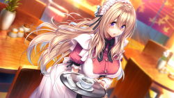 Rule 34 | 1girl, :o, amakano 2, apron, ashtray, azarashi soft, blonde hair, blush, breasts, chair, coffee, cup, female focus, game cg, highres, indoors, large breasts, long hair, looking at viewer, maid, maid headdress, parted lips, pink eyes, piromizu, solo, standing, table, tsutamachi chitose, waitress