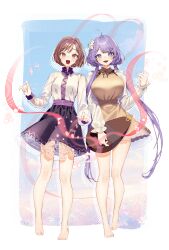 Rule 34 | 2girls, absurdres, ahoge, barefoot, beamed eighth notes, biwa lute, black skirt, blush, breasts, brown dress, brown eyes, brown hair, dress, eighth note, fingernails, flower, frilled skirt, frills, full body, hair flower, hair ornament, hairband, highres, instrument, large breasts, long hair, long sleeves, looking at viewer, lute (instrument), mokokiyo (asaddr), multiple girls, musical note, open mouth, purple eyes, purple hair, purple hairband, shirt, short hair, siblings, sisters, skirt, small breasts, smile, toes, touhou, treble clef, tsukumo benben, tsukumo yatsuhashi, white flower, white shirt