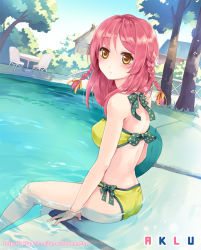 Rule 34 | 1girl, aklu, bare arms, bare shoulders, bikini, blush, braid, breasts, brown eyes, chair, day, face, from side, long hair, looking at viewer, medium breasts, original, outdoors, partially submerged, pink hair, pool, poolside, shallow water, sitting, soaking feet, solo, swimsuit, table, tree, twin braids, water, watermark, web address, yellow bikini, yellow eyes