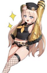 Rule 34 | 1girl, :d, absurdres, armpits, arms up, azur lane, bache (azur lane), belt, belt pouch, black hat, black shirt, black shorts, blonde hair, breasts, choker, collared shirt, crop top, cutoffs, denim, denim shorts, exposed pocket, fang, feathers, fishnet thighhighs, fishnets, hat, highres, jacket, kyuuri no tsukemono, long hair, looking at viewer, micro shorts, midriff, military hat, navel, neckerchief, open clothes, open fly, open jacket, open mouth, pouch, purple eyes, revision, sailor collar, shirt, shorts, simple background, single thighhigh, skindentation, sleeveless, sleeveless shirt, small breasts, smile, solo, sparkle, thighhighs, thighs, very long hair, white background, yellow jacket