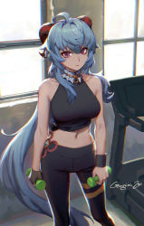 Rule 34 | 1girl, adapted costume, ahoge, artist name, bare shoulders, black gloves, black pants, black shirt, blue hair, breasts, closed mouth, dumbbell, eyebrows hidden by hair, feet out of frame, fingerless gloves, frills, ganyu (genshin impact), genshin impact, gloves, gongxiao zao, highres, holding, horns, indoors, large breasts, long hair, looking at viewer, neck garter, pants, purple eyes, red ribbon, ribbon, shirt, sidelocks, signature, single glove, sleeveless, sleeveless shirt, solo, standing, tied shirt, treadmill, very long hair, window