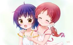 Rule 34 | 2girls, :d, ^ ^, aayh, ahoge, bare arms, bare shoulders, blue hair, blush, closed eyes, closed mouth, collarbone, commentary request, dress, fang, flower, gochuumon wa usagi desu ka?, hair ornament, hair scrunchie, halterneck, hand on another&#039;s shoulder, highres, hug, hug from behind, jouga maya, long hair, low twintails, multiple girls, natsu megumi, open mouth, orange hair, pink dress, scrunchie, short hair, signature, simple background, smile, sundress, twintails, white background, white dress, white scrunchie, yellow eyes