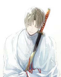 Rule 34 | 1boy, brown hair, buttons, closed eyes, closed mouth, collar, collared shirt, eyes visible through hair, gloves, heshikiri hasebe, holding, holding sword, holding weapon, kasa77322, katana, male focus, red ribbon, ribbon, shirt, short hair, simple background, solo, sword, touken ranbu, upper body, weapon, white background, white gloves, white shirt