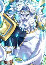 Rule 34 | 1boy, abs, ancient greek clothes, bara, bare pectorals, beard, circlet, facial hair, fate/grand order, fate (series), forehead, glowing, glowing eyes, greco-roman clothes, hair intakes, large pectorals, lightning, long hair, male focus, manly, muscular, no pupils, pale skin, pectorals, ryuuki garyuu, short hair, shrug (clothing), solo, upper body, white hair, zeus (fate)