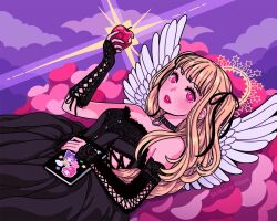 Rule 34 | 1girl, amane misa, angel wings, apple, bare shoulders, black dress, black gloves, black ribbon, blonde hair, breasts, collar, death note, dress, elbow gloves, feathered wings, fingerless gloves, food, fruit, gloves, goth fashion, gothic lolita, hair ribbon, half updo, halo, heart, heart-shaped pupils, highres, holding, holding food, holding fruit, kuromi, lolita fashion, long hair, lying, medium breasts, my melody, on back, parted lips, pink eyes, red apple, ribbon, sanrio, shiroiroom, solo, strapless, strapless dress, studded collar, symbol-shaped pupils, twintails, upper body, white wings, wings