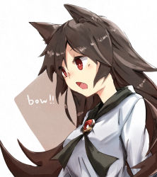 Rule 34 | 1girl, animal ears, bad id, bad pixiv id, barking, breasts, brown hair, dress, fang, imaizumi kagerou, jewelry, long hair, long sleeves, looking at another, open mouth, red eyes, simple background, solo, suminagashi, touhou, white background, wolf ears