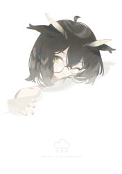 Rule 34 | arknights, bare shoulders, bob cut, brown hair, feather hair, feathers, frown, glasses, hair between eyes, looking at viewer, norizc, one eye closed, resting, semi-rimless eyewear, silence (arknights), snow, solo, yellow eyes