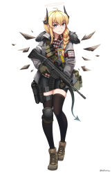 Rule 34 | 1girl, absurdres, ahoge, arknights, bike shorts, black shorts, black thighhighs, blonde hair, blue eyes, blush, boots, braid, brown footwear, brown wings, closed mouth, collared shirt, cz 805 bren, demon girl, demon horns, demon tail, detached wings, full body, grey jacket, gun, hair between eyes, hair intakes, hair over shoulder, halo, highres, holding, holding gun, holding weapon, horns, jacket, long hair, magazine (weapon), ndtwofives, open clothes, open jacket, original, plaid, plaid shirt, shirt, short shorts, shorts, simple background, single braid, smile, solo, tail, thighhighs, thighhighs under boots, virtual youtuber, weapon, weapon request, white background, wings
