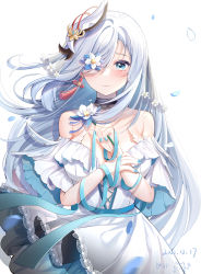 Rule 34 | 1girl, bare shoulders, blue eyes, blue hair, blue ribbon, breasts, bride, choker, cowboy shot, cross-laced clothes, dress, earrings, flower, flower over eye, genshin impact, hair ornament, hair over one eye, hands up, highres, holding, holding flower, jewelry, long hair, looking at viewer, miaogujun, mini wings, nail polish, off-shoulder dress, off shoulder, one eye closed, petals, ribbon, sash, see-through, shenhe (genshin impact), silver hair, simple background, smile, solo, tassel, tassel earrings, tears, two-sided dress, two-sided fabric, veil, wedding dress, white background, white dress, white flower, wind, wind lift, wings