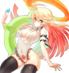 Rule 34 | 1girl, armband, bare shoulders, candy, cleavage cutout, clothing cutout, spiked halo, covered navel, food, frills, guilty gear, guilty gear xrd, halo, innertube, jack-o&#039; valentine, lollipop, multicolored hair, red eyes, red hair, solo, swim ring, swimsuit, thighhighs, two-tone hair, white background, white hair, yohane shimizu