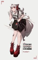 Rule 34 | 1girl, absurdres, animal ear fluff, animal ears, arknights, bag, black skirt, breasts, character name, closed mouth, commentary request, frostleaf (arknights), full body, grey background, grey hair, hand up, headphones, highres, long hair, red eyes, red footwear, shirt, shoes, short sleeves, shoulder bag, simple background, skirt, small breasts, solo, standing, tail, togekk0, white shirt
