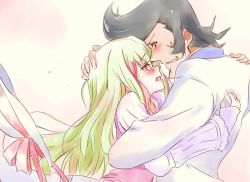 Rule 34 | 10s, 1boy, 1girl, :d, bad id, bad pixiv id, black hair, blonde hair, blush, commentary request, couple, crying, crying with eyes open, dandy (space dandy), dress, from side, happy, hat, hat ribbon, hetero, hug, long hair, long sleeves, looking at another, multicolored hair, nwon&#039;yo pasun, open mouth, pale skin, pink eyes, poe (space dandy), pompadour, ribbon, simple background, smile, space dandy, sun hat, tears, tuxedo, upper body