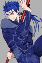 Rule 34 | 1boy, armor, blue hair, collar, commentary, costume, cu chulainn (fate), cu chulainn (fate/stay night), earrings, fate/stay night, fate (series), gae bolg (fate), holding, holding weapon, jewelry, long hair, long sleeves, looking to the side, male focus, official alternate costume, open mouth, polearm, ponytail, red eyes, shoulder pads, smile, solo, spear, tatsuta age, teeth, weapon