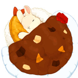 Rule 34 | animal, animal focus, blanket, closed eyes, closed mouth, commentary request, curry, curry rice, food, food-themed pillow, full body, lilac (p-f easy), lying, no humans, hugging object, on side, original, pillow, rabbit, rice, shrimp, shrimp tempura, simple background, sleeping, solo, tempura, under covers, white background, white rabbit (animal)