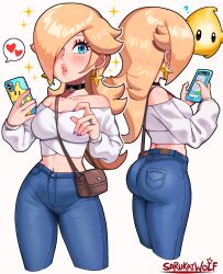 Rule 34 | 1girl, absurdres, alternate costume, artist name, ass, bare shoulders, blonde hair, blue eyes, blue pants, blush, breasts, casual, cellphone, choker, contemporary, crop top, cropped legs, crown, denim, earrings, hair over one eye, heart, highres, holding, holding phone, iphone, jeans, jewelry, long hair, looking at viewer, luma (mario), mario (series), medium breasts, midriff, multiple views, navel, nintendo, off-shoulder shirt, off shoulder, pants, phone, puffy sleeves, purple nails, rosalina, sarukaiwolf, shirt, smartphone, smartphone case, spoken heart, star (symbol), star earrings, super mario galaxy, turnaround