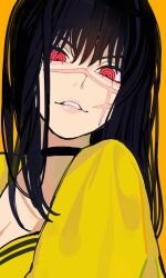 Rule 34 | 1girl, alternate costume, black choker, black hair, chainsaw man, choker, cross scar, dress, facial scar, highres, long hair, looking at viewer, parted lips, puffy short sleeves, puffy sleeves, red eyes, ringed eyes, sailen0, scar, scar on cheek, scar on face, short sleeves, simple background, solo, yellow background, yellow dress, yellow theme, yoru (chainsaw man)