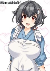 Rule 34 | 1girl, apron, black hair, blue sweater, breasts, commentary request, hair flaps, hair ornament, hairclip, highres, jingei (kancolle), kantai collection, kurano kisuke, large breasts, long hair, looking at viewer, low ponytail, official alternate costume, one-hour drawing challenge, red eyes, smile, solo, sweater, twitter username, upper body, white apron