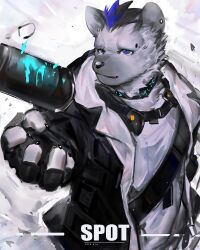 Rule 34 | 1boy, arknights, black jacket, character name, claws, dated, ear piercing, eyebrow piercing, furry, furry male, gloves, highres, hyena boy, hyena ears, infection monitor (arknights), jacket, looking to the side, male focus, mohawk, multicolored hair, p7ywirzyw8lesuc, partially fingerless gloves, piercing, spot (arknights), streaked hair, throwing