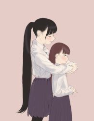 Rule 34 | 2girls, age difference, bad id, bad twitter id, black hair, blunt bangs, blush, brown hair, character request, closed eyes, commentary request, flat chest, height difference, highres, hiramedousa, hug, hug from behind, long hair, multiple girls, nose blush, original, pantyhose, very long hair, yuri