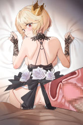 Rule 34 | 1boy, 1girl, anus, ass, bare shoulders, bed sheet, black bow, black ribbon, blonde hair, blush, bow, breasts, censored, clothed female nude male, commission, cross-section, crown, crying, dark-skinned male, dark skin, doggystyle, flower, foot out of frame, frilled ribbon, frills, from above, gringing, hair between eyes, hetero, highres, lace trim, looking at viewer, looking back, lying, mole, mole under eye, mosaic censoring, no bra, no panties, nude, on bed, on stomach, original, out of frame, penis, red eyes, ribbon, sex, sex from behind, sheet grab, short hair, skirt, unworn skirt, small breasts, solo focus, sweatdrop, tears, teeth, twin (tt lsh), white flower