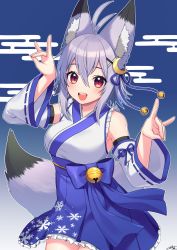 Rule 34 | 1girl, :d, animal ear fluff, animal ears, antenna hair, arm up, bad id, bad pixiv id, bare shoulders, bell, blue background, blue bow, blue hakama, blue ribbon, blush, bow, breasts, copyright request, crescent, crescent hair ornament, double fox shadow puppet, egasumi, fox ears, fox girl, fox shadow puppet, fox tail, gradient background, hair between eyes, hair ornament, hair ribbon, hairclip, hakama, hakama short skirt, hakama skirt, hand up, highres, indie virtual youtuber, japanese clothes, jingle bell, kimono, long sleeves, looking at viewer, medium breasts, open mouth, print hakama, purple hair, red eyes, ribbon, ribbon-trimmed sleeves, ribbon trim, sakura chiyo (konachi000), sidelocks, signature, skirt, sleeveless, sleeveless kimono, smile, snowflake print, solo, tail, teeth, upper teeth only, virtual youtuber, white kimono, white sleeves, wide sleeves, x hair ornament
