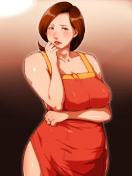 Rule 34 | 1girl, apron, bare shoulders, blush, breast hold, breasts, brown eyes, brown hair, curvy, ganto, gradient background, housewife, jewelry, kyukyutto, large breasts, lipstick, looking at viewer, makeup, mature female, naked apron, parted lips, plump, reiko-san, ring, solo, wedding band, wedding ring