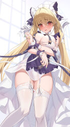 1girl absurdres alternate_costume animal_ears apron aqua_nails arms_under_breasts azur_lane blonde_hair blush breasts cheshire_(azur_lane) cheshire_(azur_lane)_(cosplay) cleavage commission cosplay detached_sleeves dress fake_animal_ears frilled_hairband frills garter_straps hair_between_eyes hairband highres humo kersaint_(azur_lane) lace lace-trimmed_thighhighs lace_trim large_breasts long_hair long_ribbon looking_at_viewer maid_headdress nail_polish pixiv_commission puffy_detached_sleeves puffy_sleeves purple_apron red_eyes solo thighhighs twintails very_long_hair white_dress white_garter_straps white_thighhighs wrist_cuffs