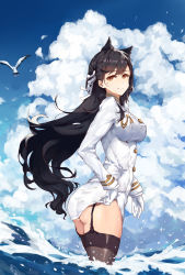 Rule 34 | 1girl, animal, animal ears, arm at side, ass, atago (azur lane), azur lane, bird, black background, black hair, blue sky, blunt bangs, breasts, brown eyes, brown thighhighs, buttons, closed mouth, clothes lift, cloud, cloudy sky, commentary request, cowboy shot, day, double-breasted, floating hair, from behind, garter straps, gloves, gold trim, highres, jin yun, large breasts, legs together, long hair, long sleeves, looking at viewer, looking back, military, military uniform, miniskirt, mole, mole under eye, outdoors, partially submerged, pencil skirt, ribbon, seagull, side slit, skirt, skirt lift, sky, smile, solo, standing, thighhighs, thighs, turtleneck, uniform, very long hair, wading, water, white gloves, white ribbon, white skirt, wind