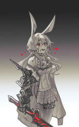 Rule 34 | 1girl, absurdres, amiya (arknights), amiya (guard) (arknights), animal ears, arknights, ascot, bare shoulders, blood, blood on face, constant qiu, cowboy shot, crying, crying with eyes open, gradient background, grey background, greyscale, heart, heart-shaped pupils, highres, holding, holding sword, holding weapon, jacket, long hair, looking at viewer, monochrome, off shoulder, official alternate costume, open clothes, open jacket, pantyhose, plaid, plaid skirt, pleated skirt, rabbit ears, rabbit girl, shirt, sidelocks, simple background, skirt, sleeveless, sleeveless shirt, solo, spot color, sword, symbol-shaped pupils, tears, thighlet, thighs, weapon