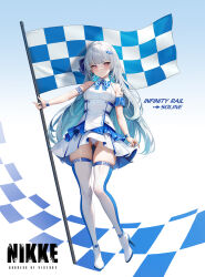 Rule 34 | 1girl, absurdres, alternate costume, armband, blue background, blue bow, blue bowtie, blue footwear, blue hair, blue nails, blue skirt, blue thighhighs, blush, bow, bowtie, breasts, character name, checkered bow, checkered bowtie, checkered clothes, checkered flag, closed mouth, collared dress, colored inner hair, commentary, copyright name, dangle earrings, dramz, dress, earrings, english text, flag, full body, gluteal fold, goddess of victory: nikke, gradient background, grey hair, hair ornament, high heels, highres, holding, holding flag, jewelry, light blue hair, logo, long hair, looking at viewer, medium breasts, miniskirt, multicolored hair, nail polish, orange eyes, panties, pleated skirt, short dress, simple background, skindentation, skirt, sleeveless, sleeveless dress, smile, smug, soline (nikke), solo, standing, standing on one leg, thighhighs, thighs, two-sided fabric, two-sided skirt, two-tone background, two-tone bowtie, two-tone footwear, two-tone hair, two-tone skirt, two-tone thighhighs, underwear, upskirt, v-shaped eyebrows, white background, white bow, white bowtie, white dress, white footwear, white panties, white skirt, white thighhighs, wing collar, wristband, zettai ryouiki