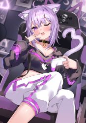 Rule 34 | 1girl, :3, ahoge, animal collar, animal ears, breasts, cat ears, cat girl, cat tail, chair, cleavage, collar, controller, cropped hoodie, dodota, fang, from below, game controller, gaming chair, hand to own mouth, highres, hololive, hood, hoodie, looking at viewer, medium breasts, midriff, nekomata okayu, nekomata okayu (1st costume), one eye closed, open mouth, pants, playing games, purple eyes, purple hair, short hair, sitting, skin fang, smile, solo, sweatpants, swivel chair, tail, virtual youtuber