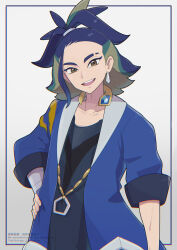 Rule 34 | 1boy, :d, absurdres, adaman (pokemon), arm wrap, black shirt, blue coat, blue hair, brown eyes, coat, commentary request, creatures (company), earrings, eyebrow cut, game freak, hand on own hip, head tilt, highres, jewelry, looking at viewer, loose hair strand, male focus, multicolored hair, neck ring, nintendo, open mouth, p 0 a, pokemon, pokemon legends: arceus, ponytail, shirt, smile, solo, teeth, upper teeth only, watermark